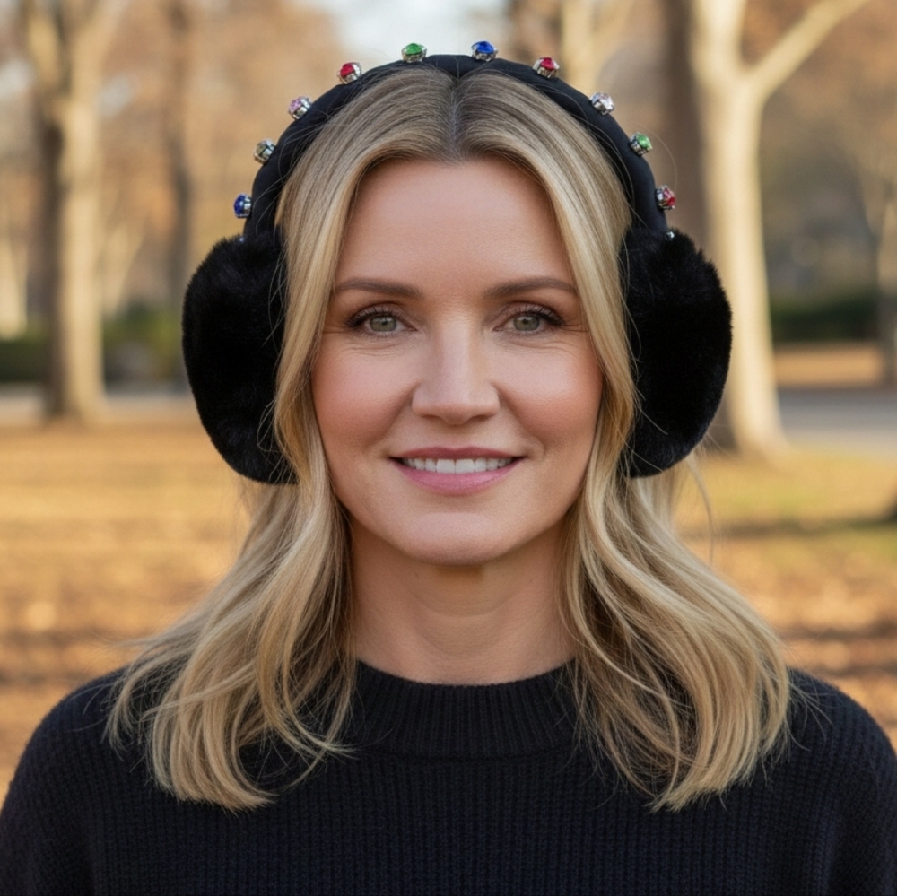 NWT KATE SPADE Black EARMUFFS Faux Fur + Rhinestones One Size Womens